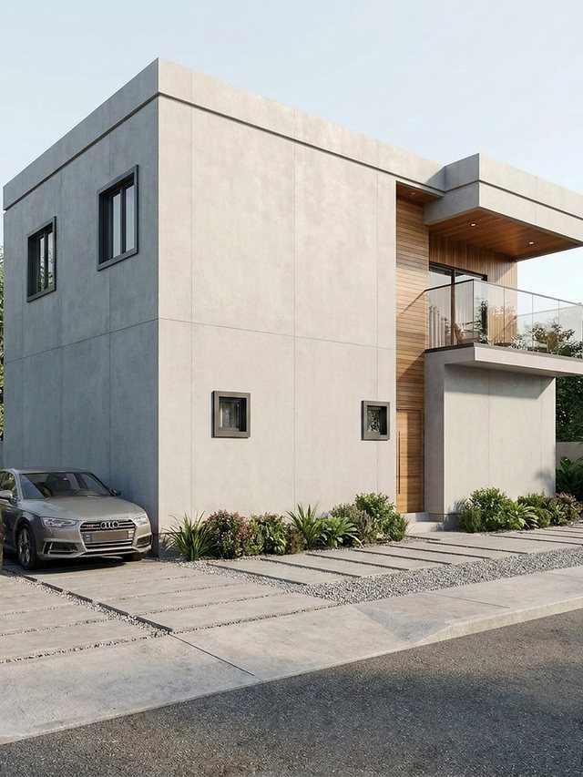 Projection architecturale d’angle d’un duplex : volume à toiture plate, parement béton, bardage bois à l’entrée et stationnement en façade.