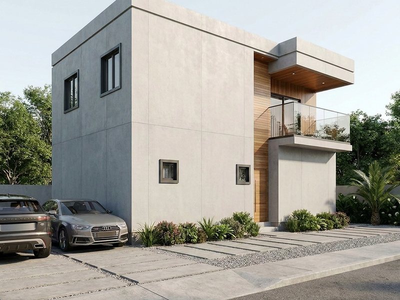 Projection architecturale d’angle d’un duplex, avec son stationnement en façade et son entrée abritée sous auvent.