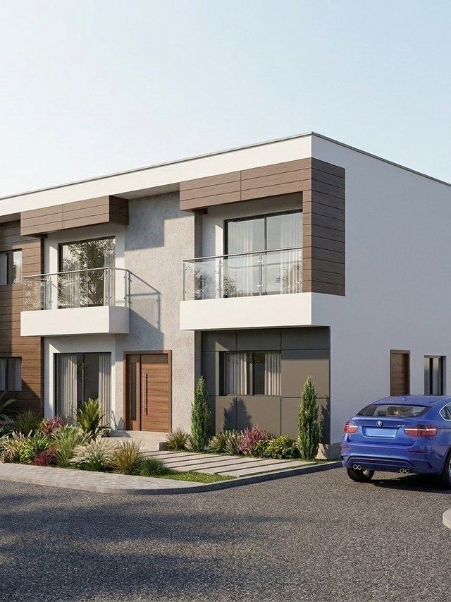 Projection architecturale : duplex à bardage bois, porte d’entrée en bois massif et garage fermé en façade.